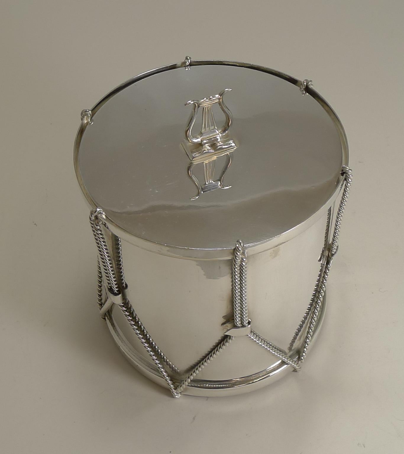 Antique English Novelty Biscuit Box Drum by Mappin & Webb, circa 1890 In Good Condition In Bath, GB