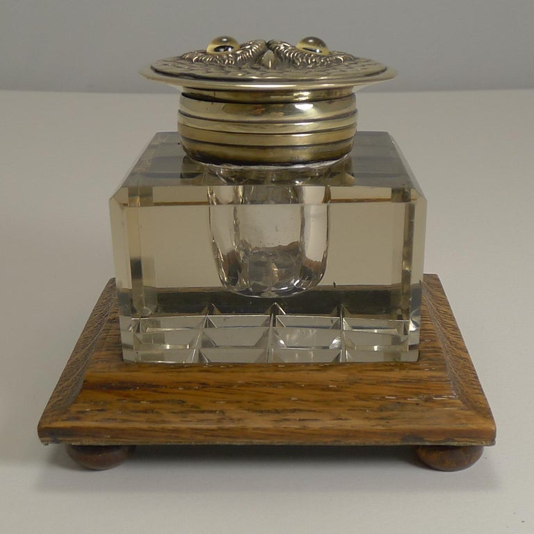 Antique English Novelty Cut Crystal and Brass Inkwell, circa 1890, Owl