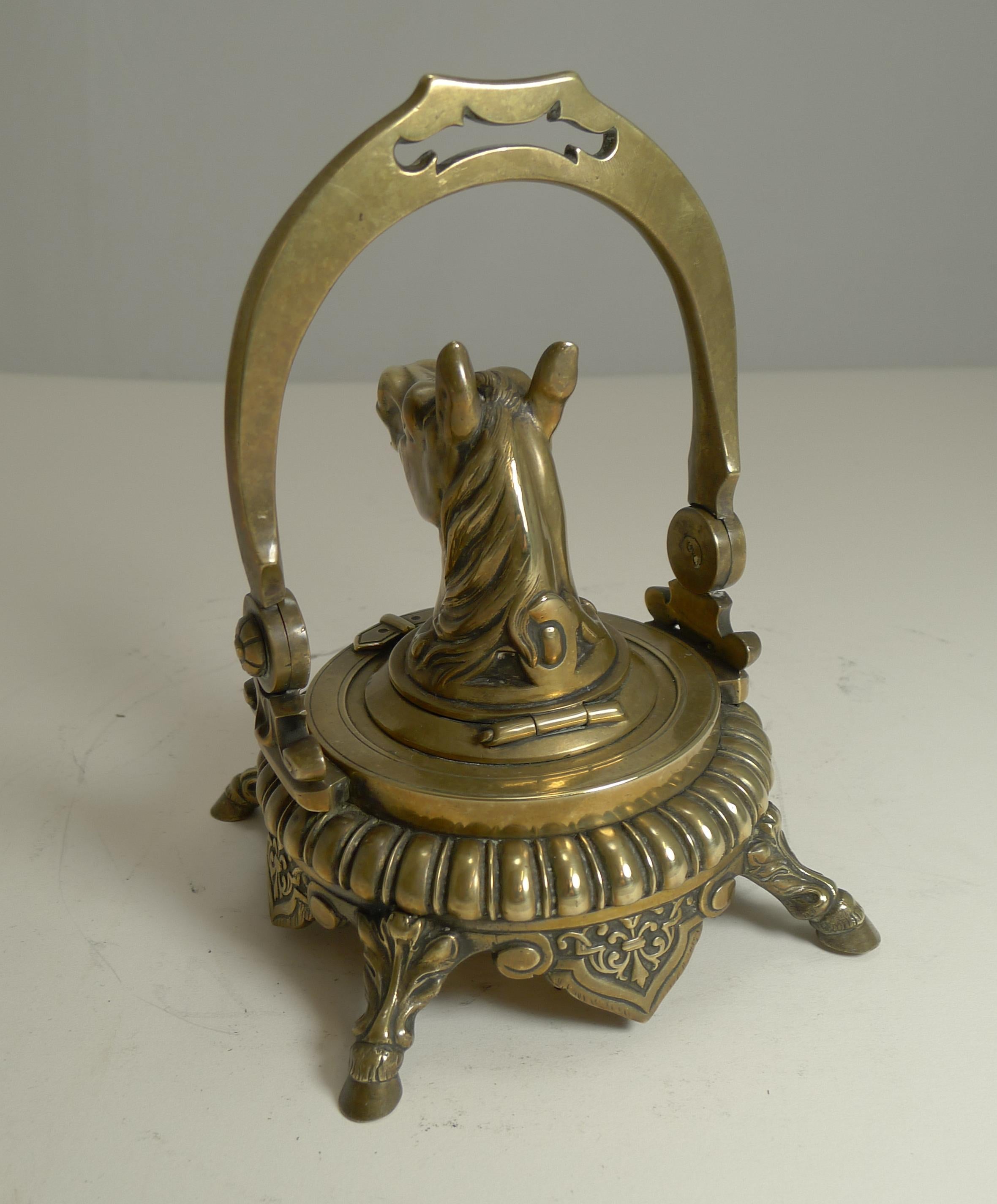 Brass Antique English Novelty Equestrian Inkwell, Horse, circa 1880 For Sale
