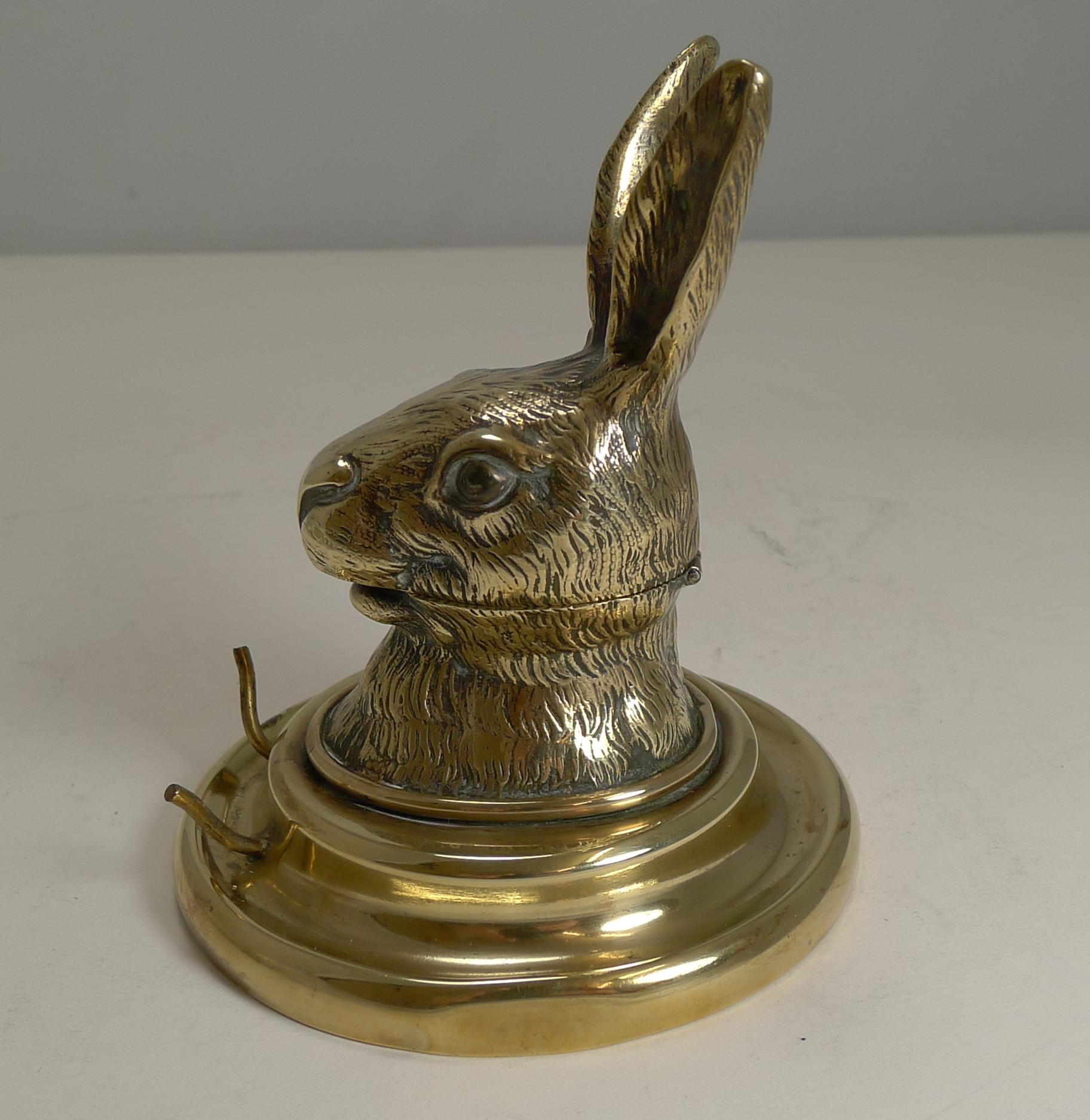 Late Victorian Antique English Novelty / Figural Brass Inkwell - Hare c.1880 For Sale