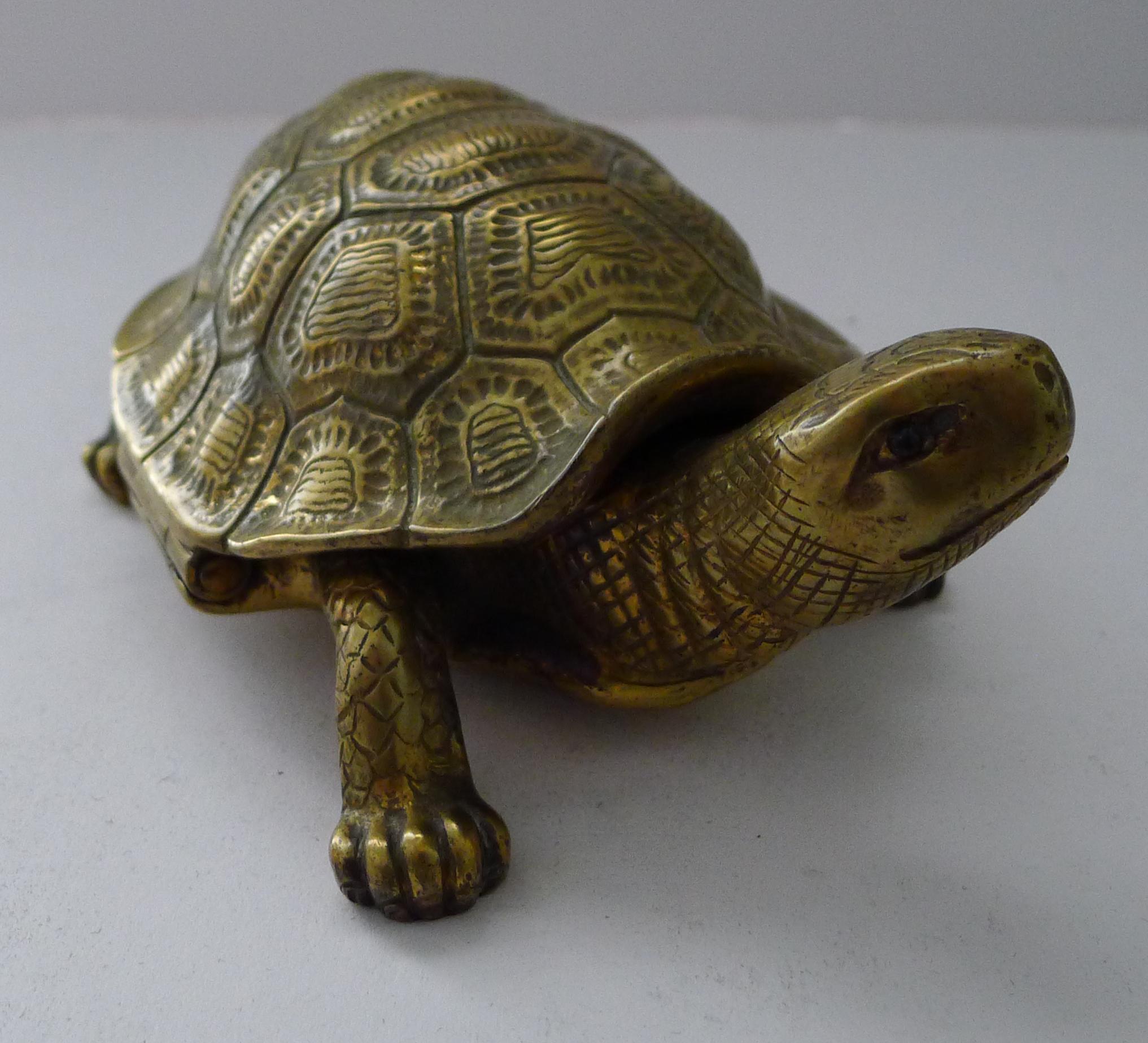 Late 19th Century Antique English Novelty Inkwell - Brass Tortoise / Turtle c.1890 For Sale