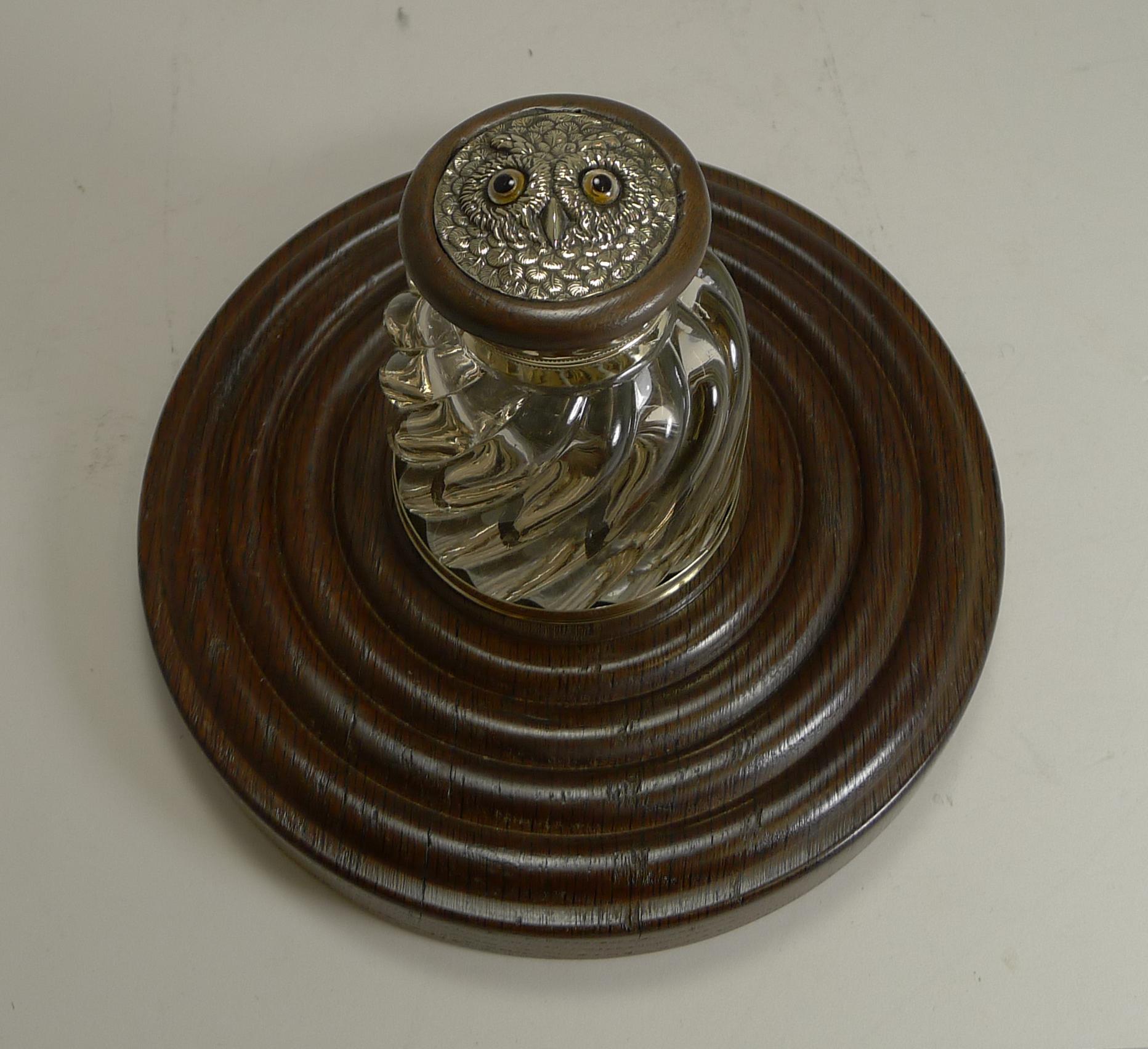 Antique English Novelty Inkwell, Owl, circa 1890 1