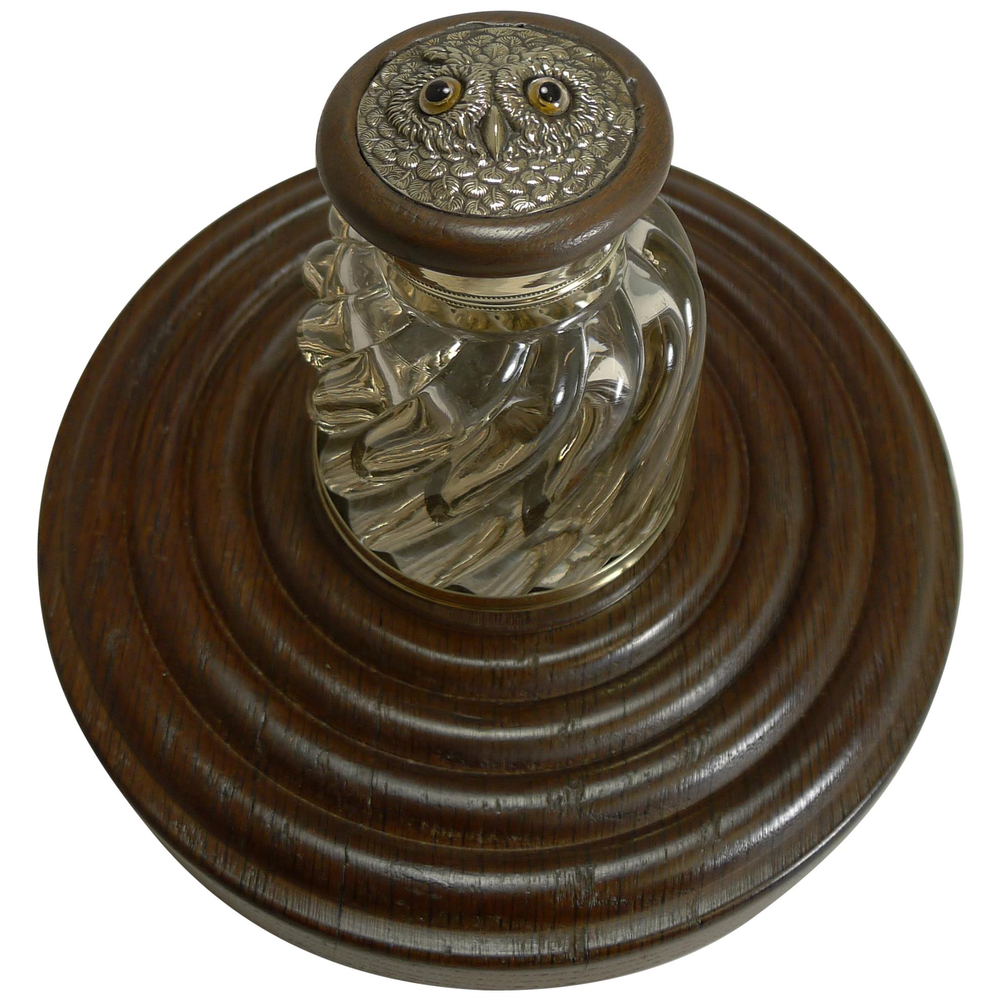 Antique English Novelty Inkwell, Owl, circa 1890