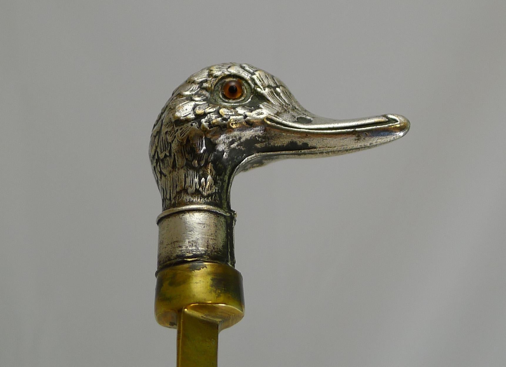 Late Victorian Antique English Novelty Letter Opener, Duck with Glass Eyes, circa 1900