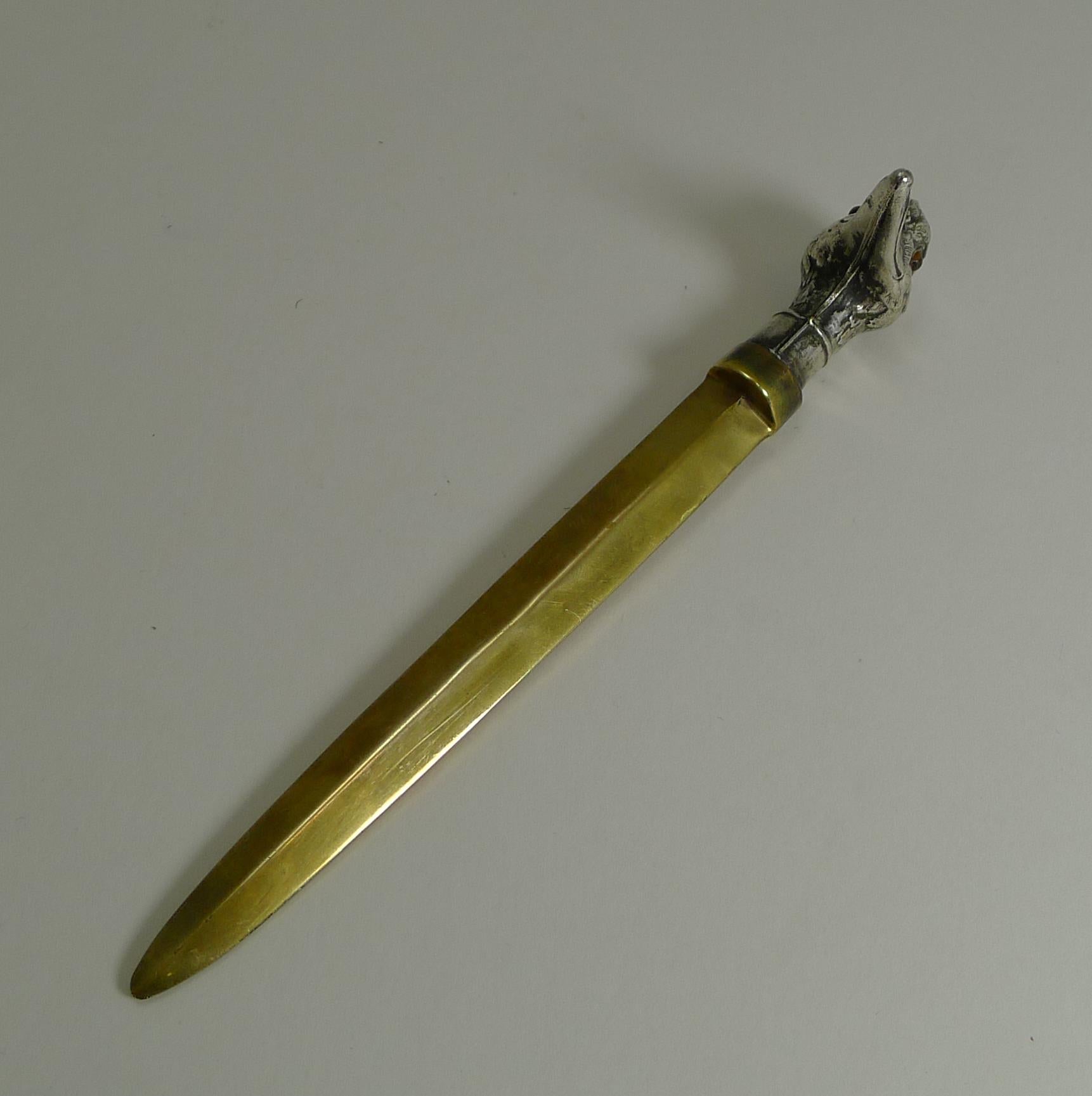Early 20th Century Antique English Novelty Letter Opener, Duck with Glass Eyes, circa 1900