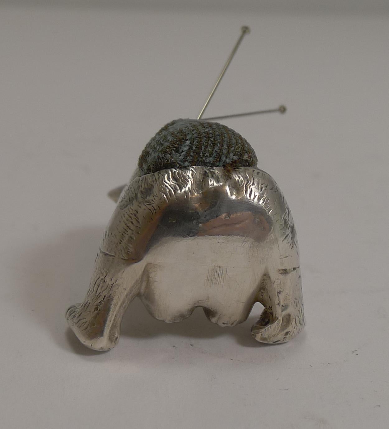 Edwardian Antique English Novelty Pin Cushion in Sterling Silver Teddy Bear, 1909