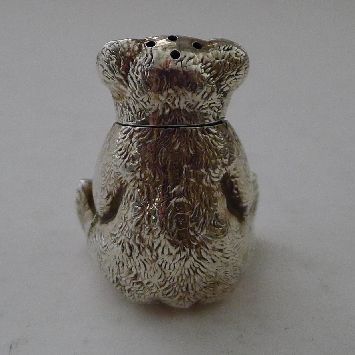 Edwardian Antique English Novelty Sterling Silver Teddy Bear Pepper, 1909 For Sale