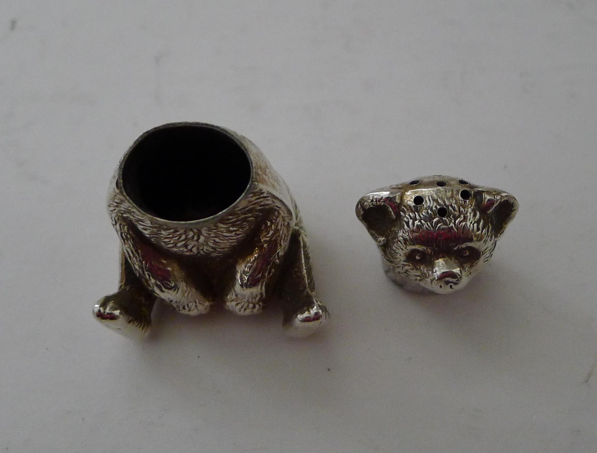 Early 20th Century Antique English Novelty Sterling Silver Teddy Bear Pepper, 1909 For Sale