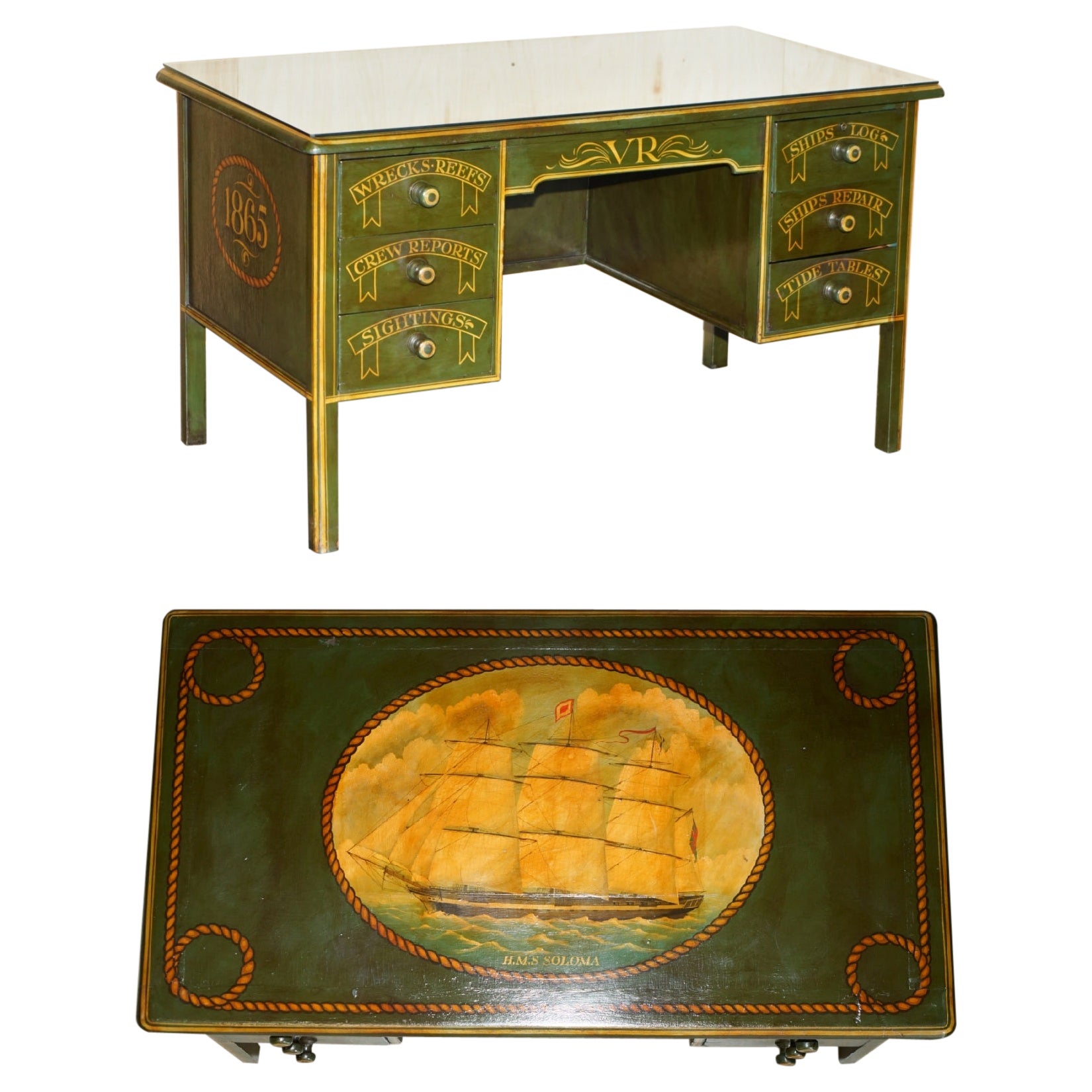 ANTIQUE ENGLISH OAK 1865 DATED NAVAL DESK OF CAPTAIN S.D GARDENER H.M.S SOLOMA in vendita