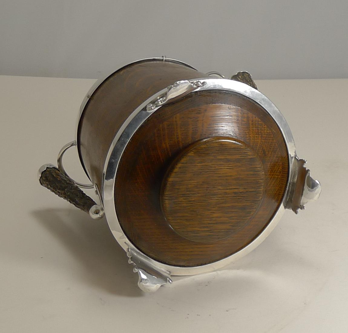Antique English Oak and Silver Plate Biscuit Box / Barrel circa 1900, Squirrel 5