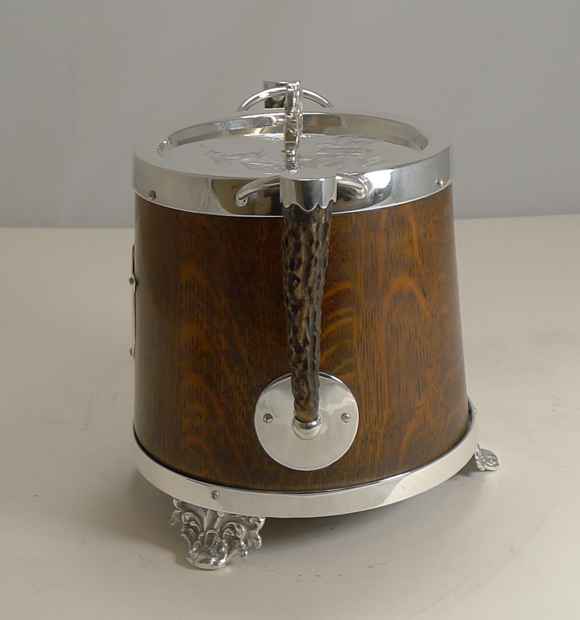 Early 20th Century Antique English Oak and Silver Plate Biscuit Box / Barrel circa 1900, Squirrel