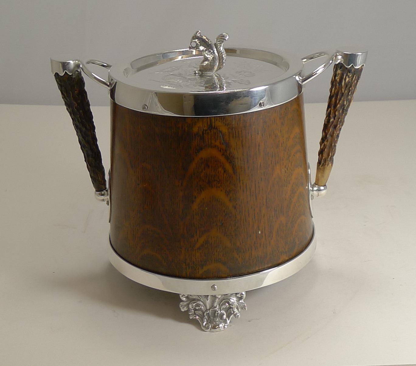 Antique English Oak and Silver Plate Biscuit Box / Barrel circa 1900, Squirrel 1