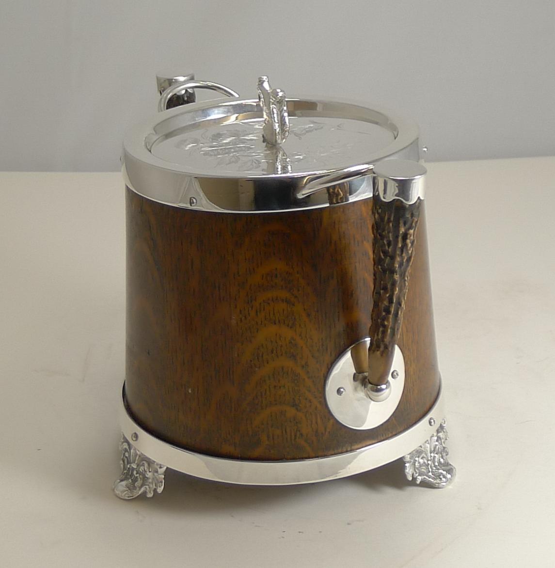 Antique English Oak and Silver Plate Biscuit Box / Barrel circa 1900, Squirrel 3