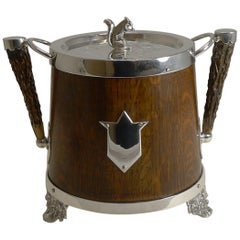 Antique English Oak and Silver Plate Biscuit Box / Barrel circa 1900, Squirrel