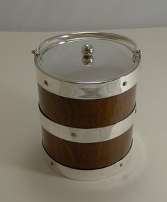 Antique English Oak and Silver Plate Biscuit Box / Ice Bucket, circa 1900