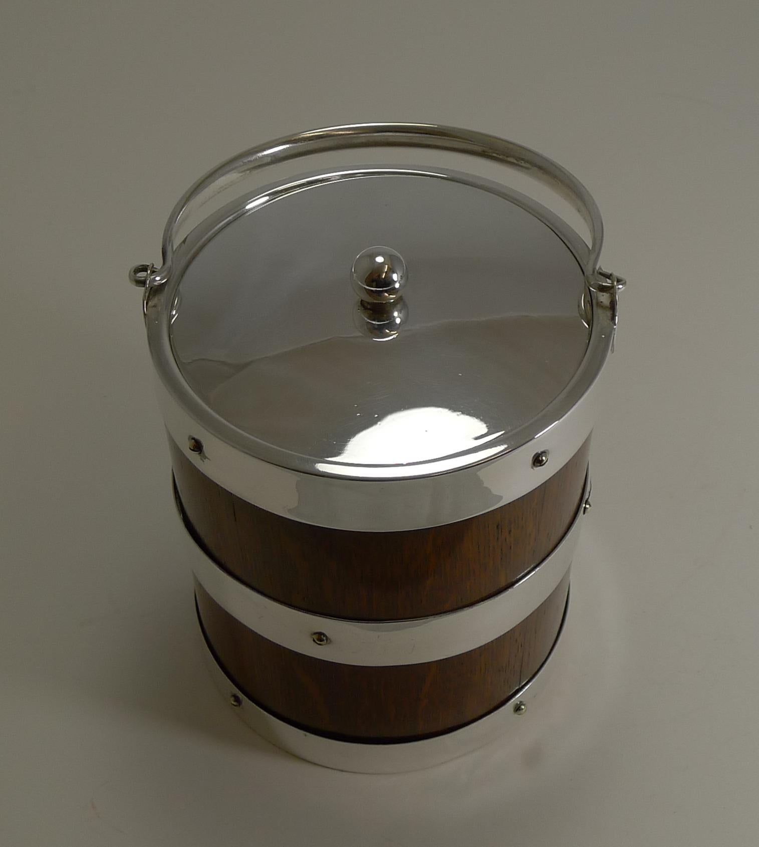 Late Victorian Antique English Oak and Silver Plate Biscuit Box / Ice Bucket, circa 1900