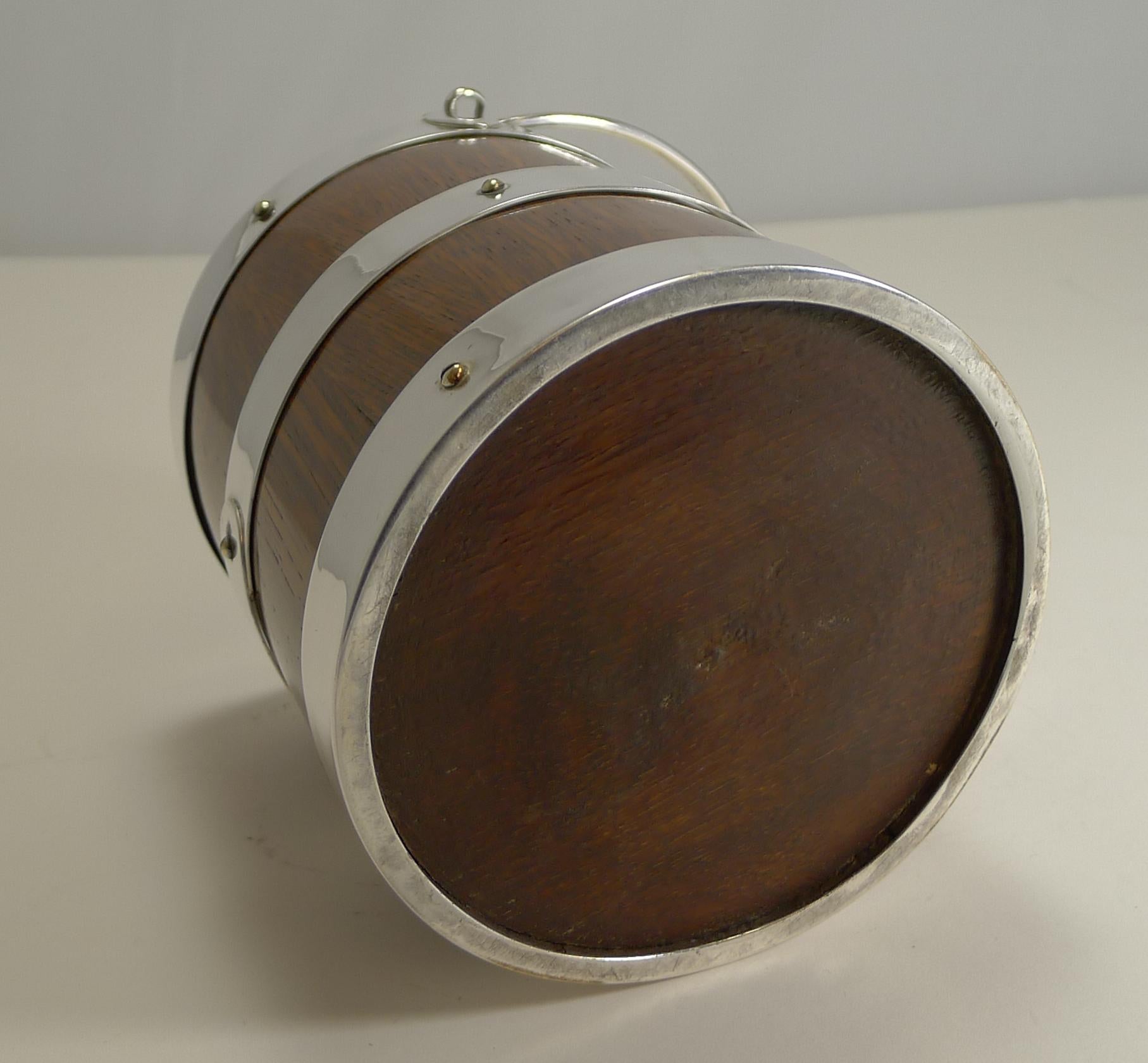 Antique English Oak and Silver Plate Biscuit Box / Ice Bucket, circa 1900 2