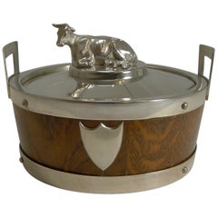 Antique English Oak and Silver Plate Butter Dish, circa 1890 - Cow