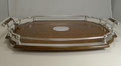 Antique English Oak and Silver Plate Drinks / Cocktail Tray, circa 1900