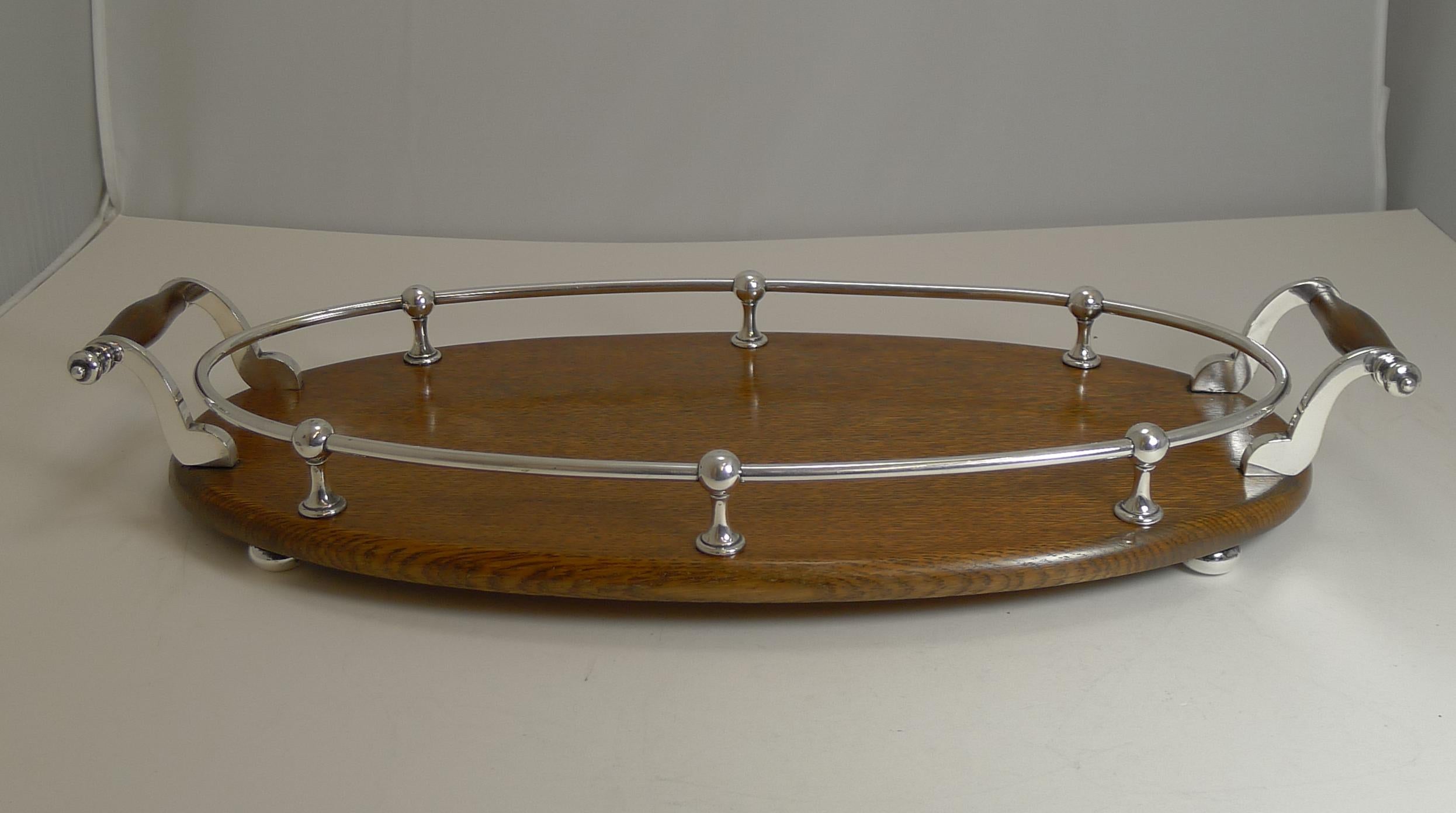 Late Victorian Antique English Oak and Silver Plate Drinks / Cocktail Tray, circa 1900