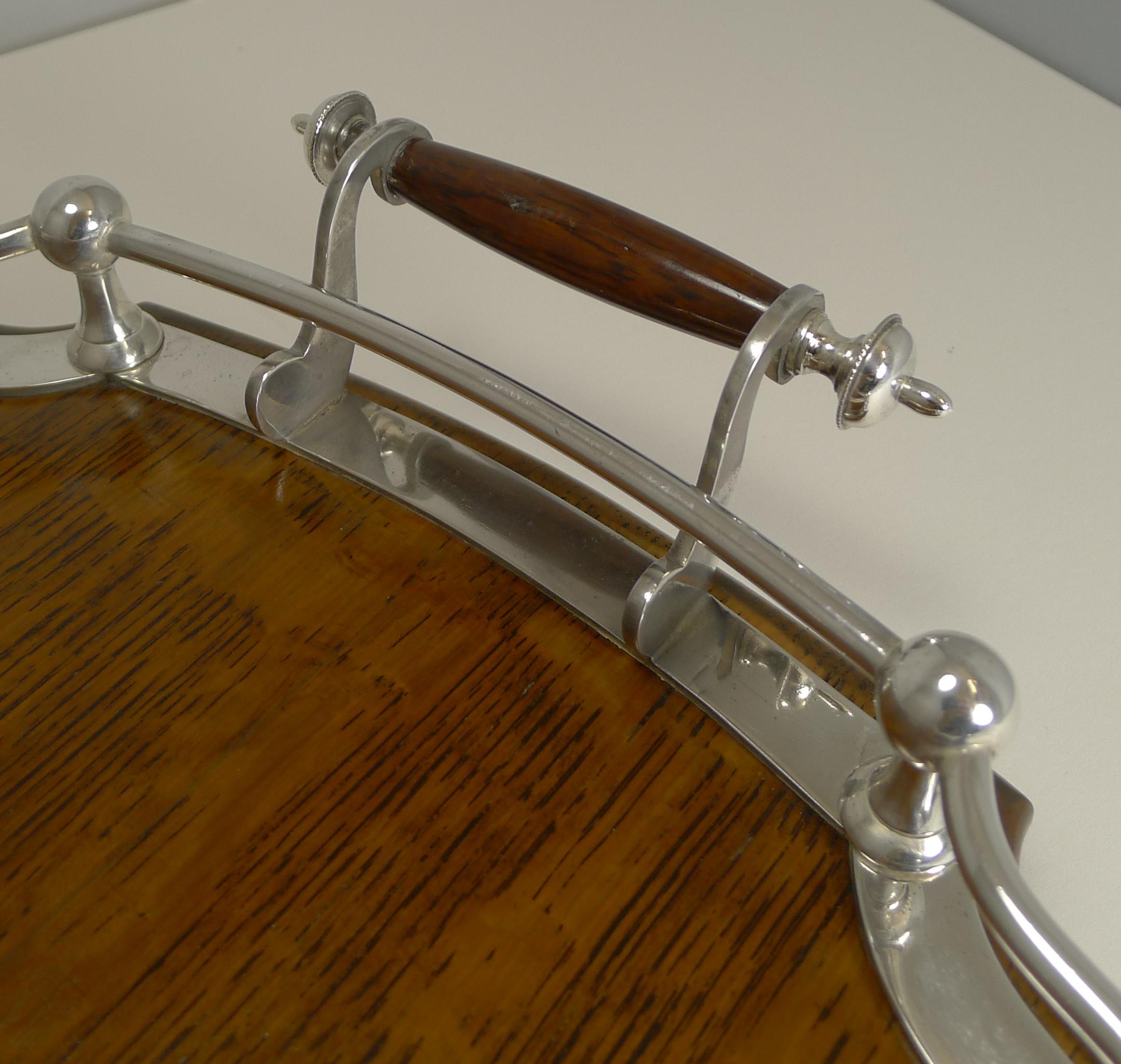 Edwardian Antique English Oak and Silver Plate Drinks / Cocktail Tray, circa 1900