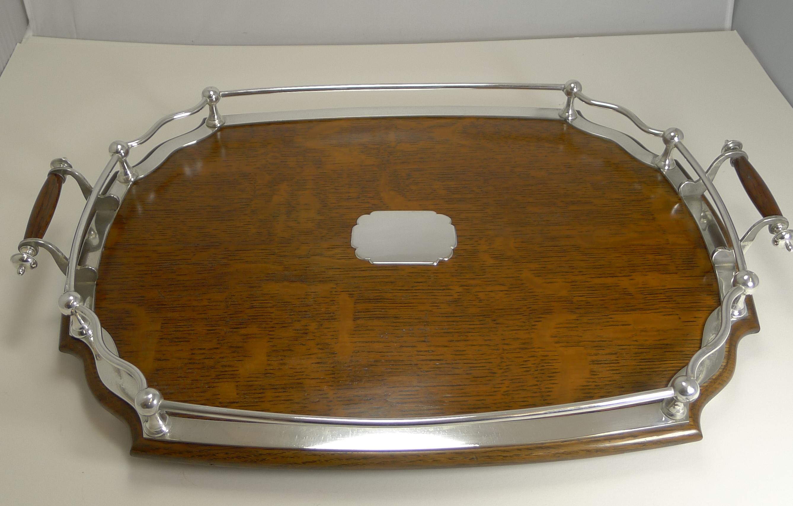 Antique English Oak and Silver Plate Drinks / Cocktail Tray, circa 1900 In Good Condition In Bath, GB