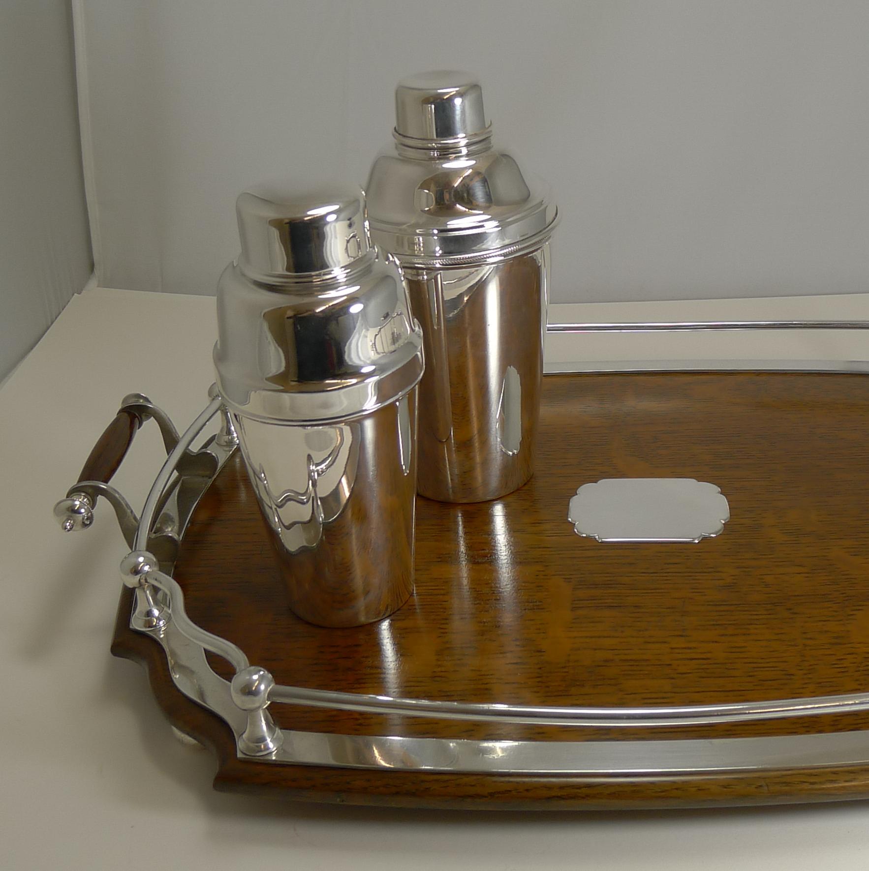 20th Century Antique English Oak and Silver Plate Drinks / Cocktail Tray, circa 1900