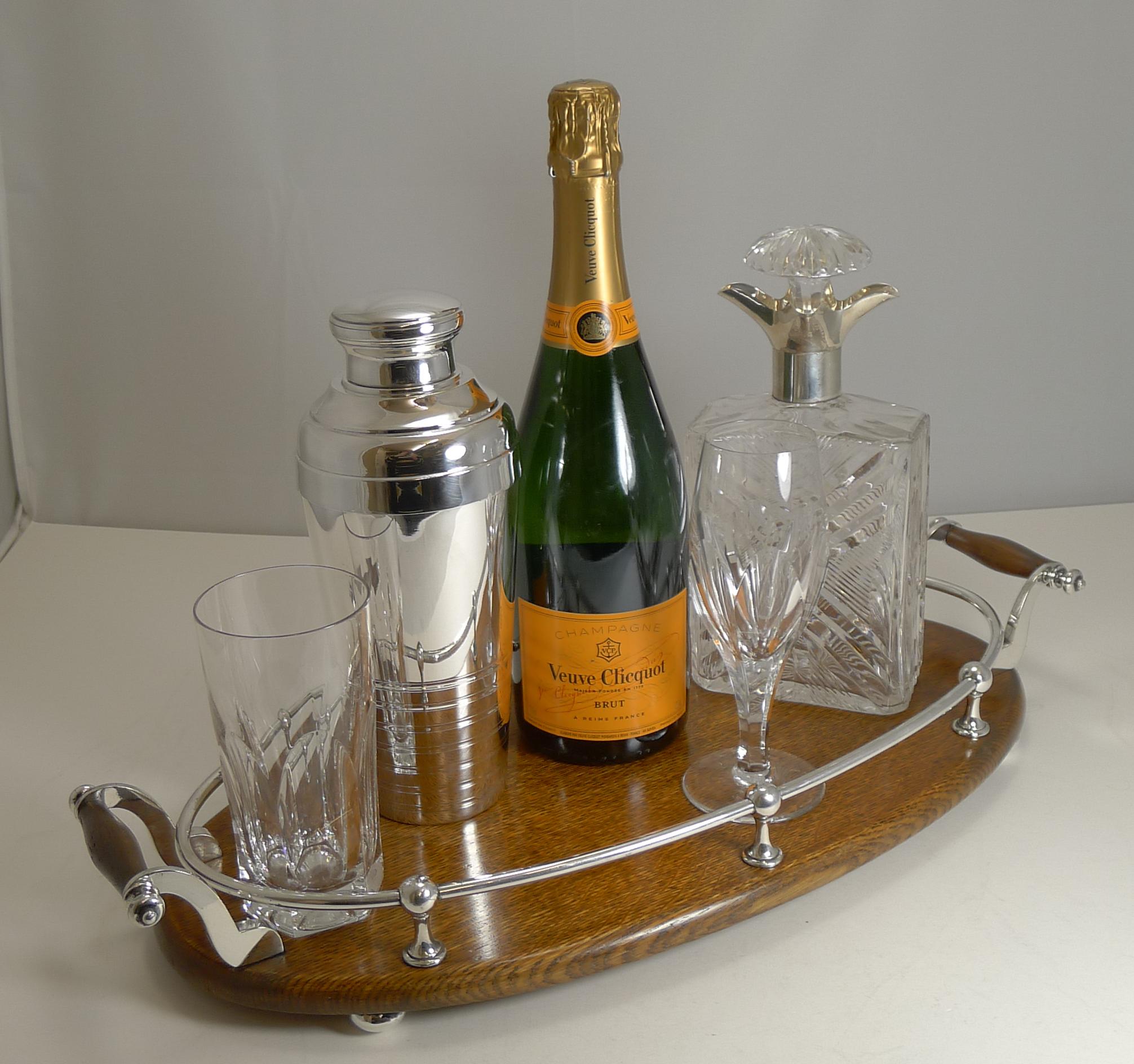 Antique English Oak and Silver Plate Drinks / Cocktail Tray, circa 1900 1