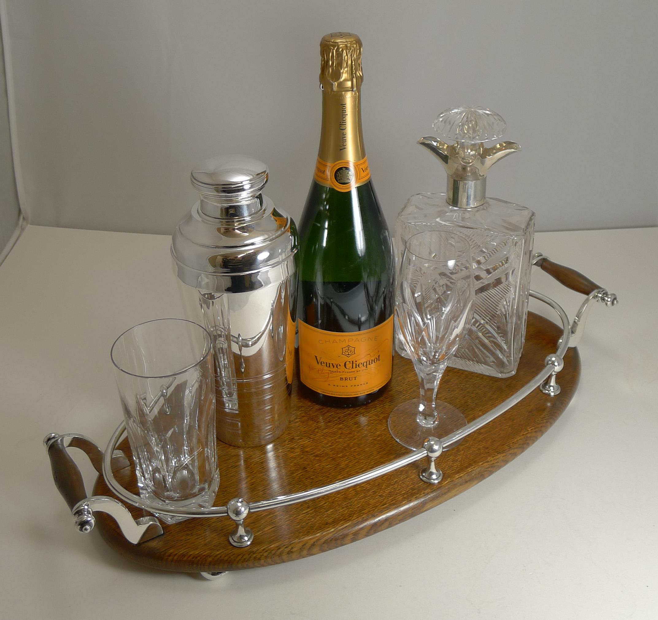 Antique English Oak and Silver Plate Drinks / Cocktail Tray, circa 1900 2