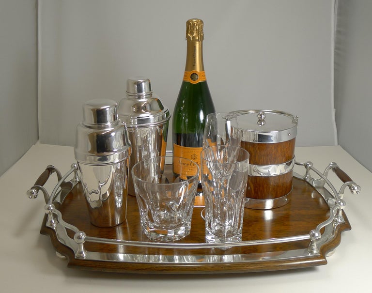 Antique English Oak and Silver Plate Drinks / Cocktail Tray, circa 1900