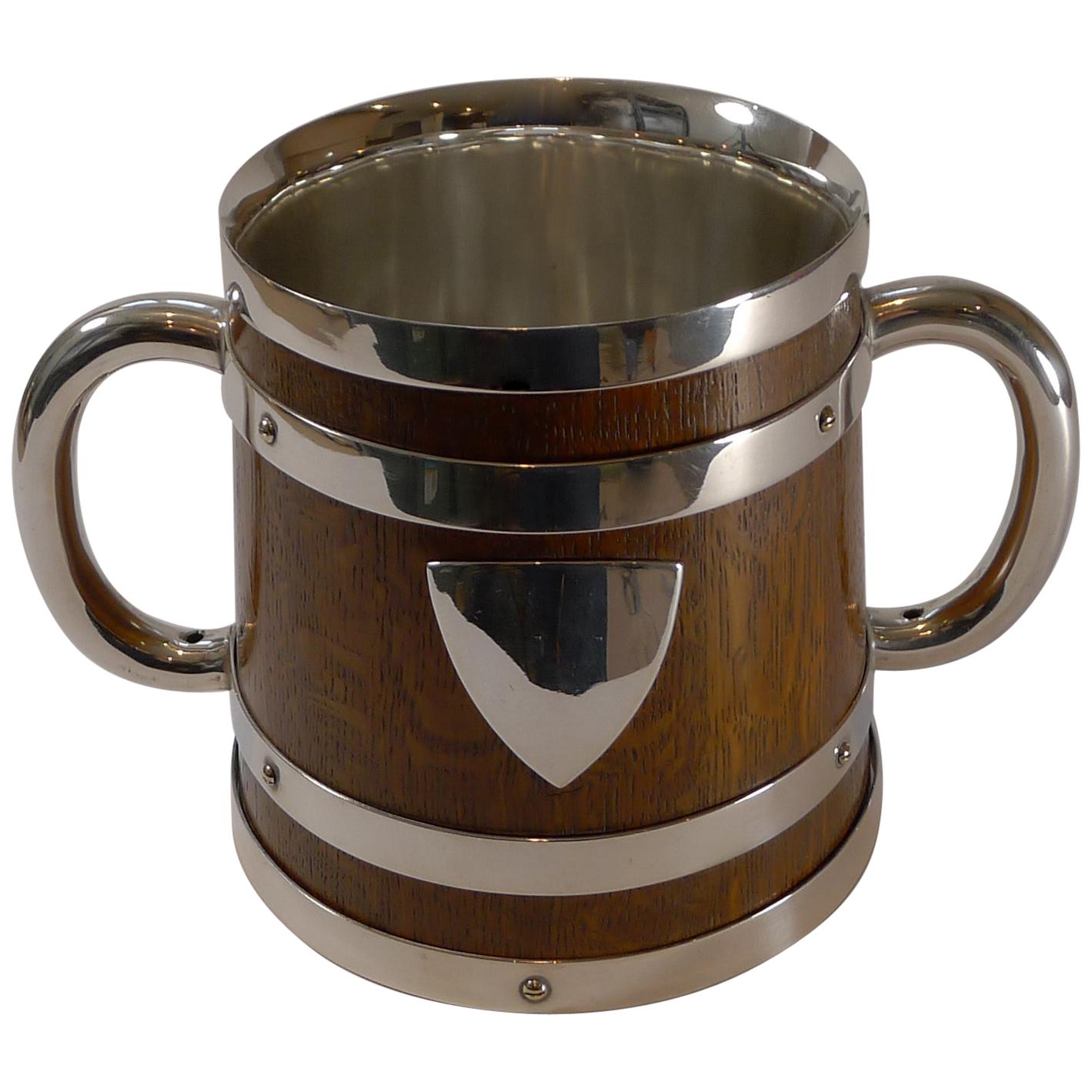 Antique English Oak and Silver Plate Loving Cup, c.1890 For Sale