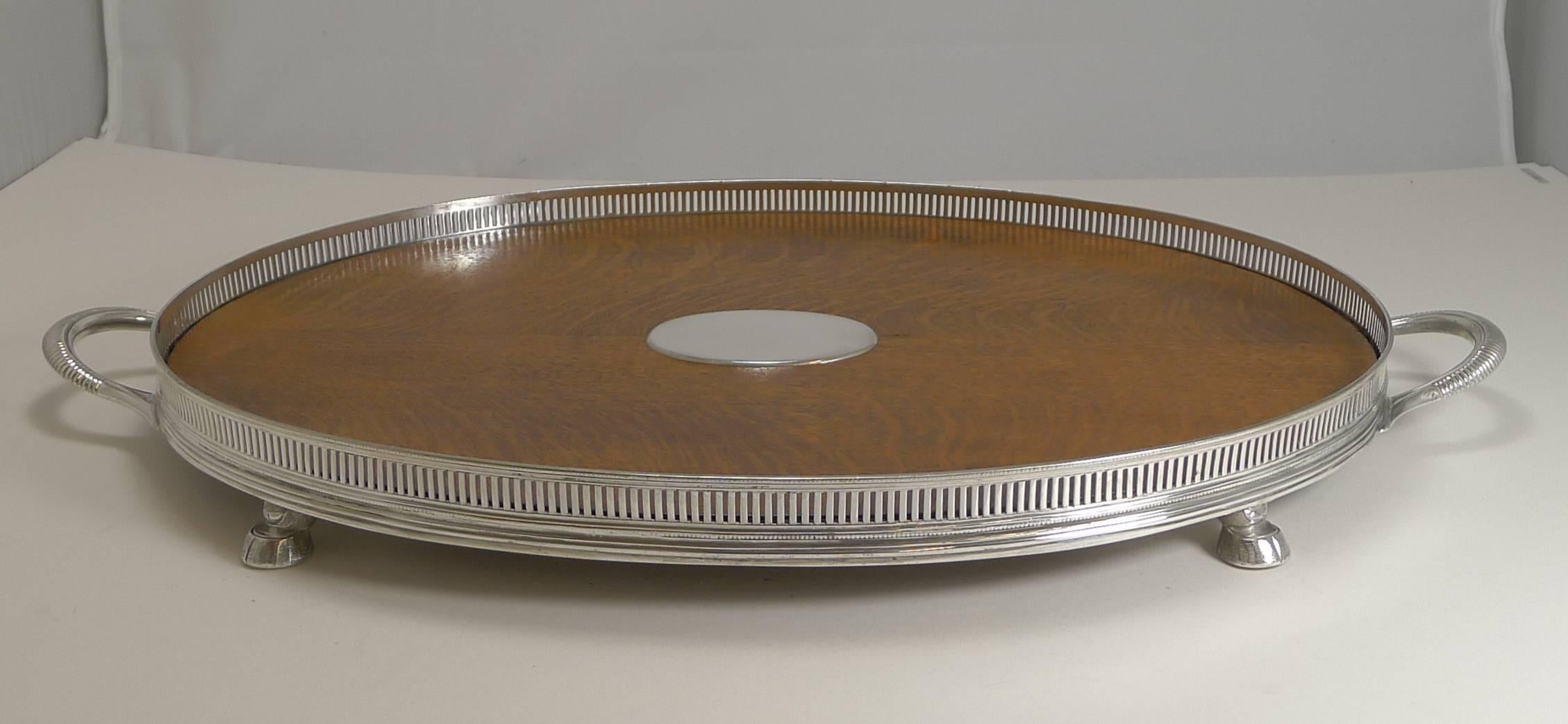 Late Victorian Antique English Oak and Silver Plate Tray by Roberts and Belk, circa 1890
