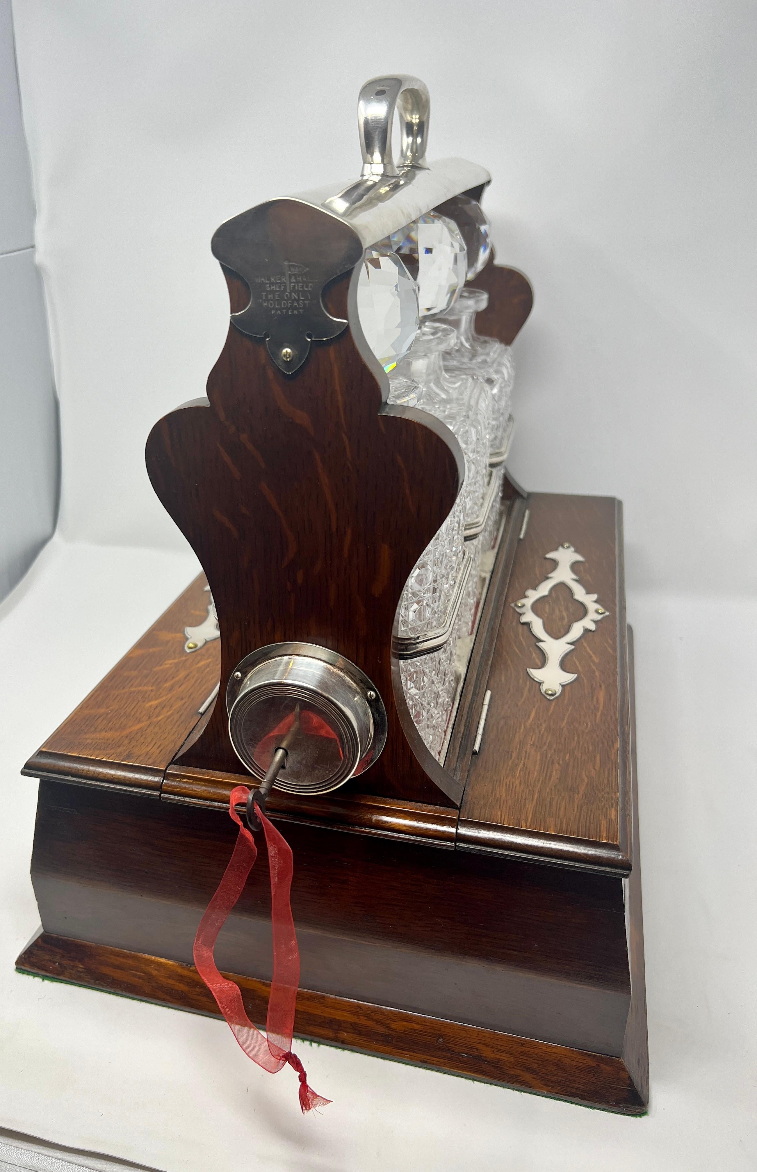 Magnificent Antique English Oak and Silver-Plated 3 Bottle Games Box Tantalus, Circa 1860.