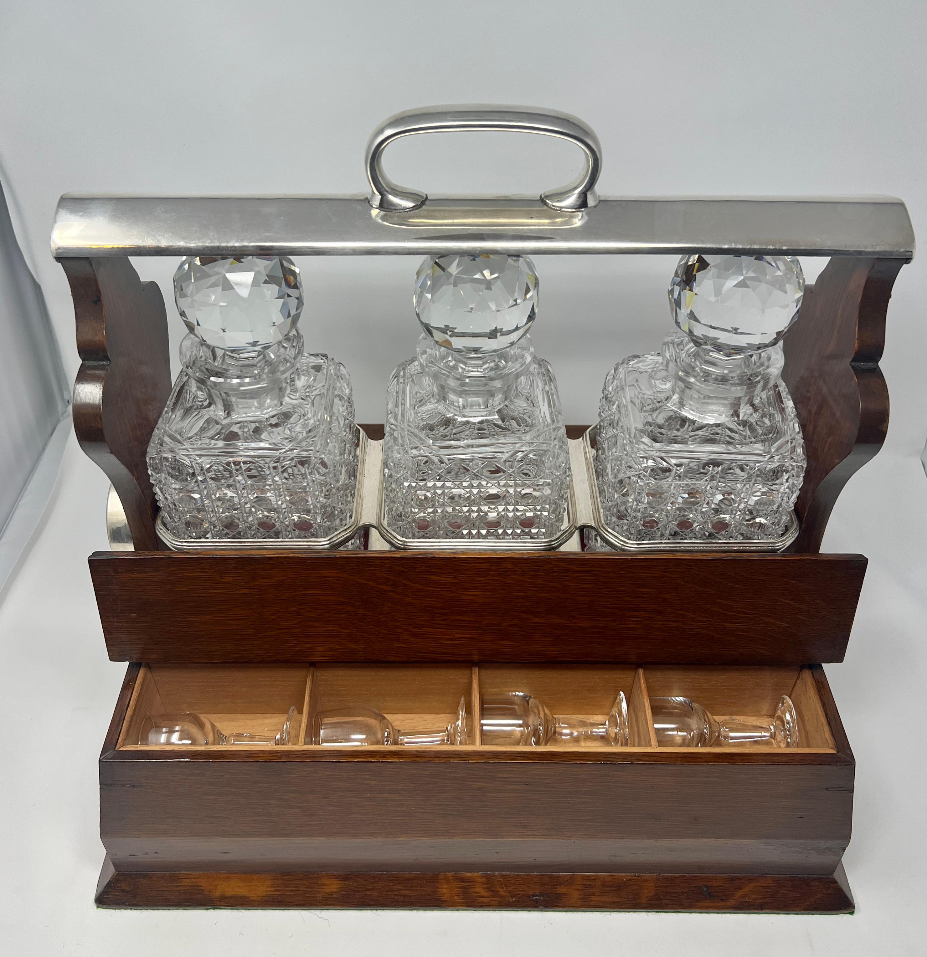 19th Century Antique English Oak and Silver-Plated 3 Bottle Games Box Tantalus, Circa 1860.