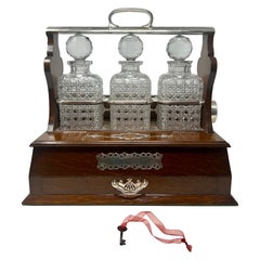 Antique English Oak and Silver-Plated 3 Bottle Games Box Tantalus, Circa 1860.