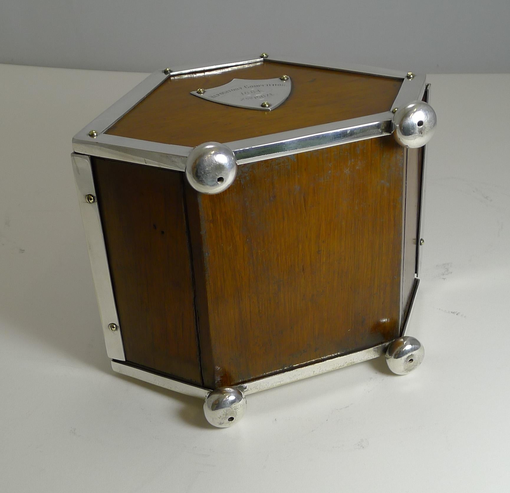 Antique English Oak and Silver Plated Biscuit Box Dated 1884, Military Interest 7