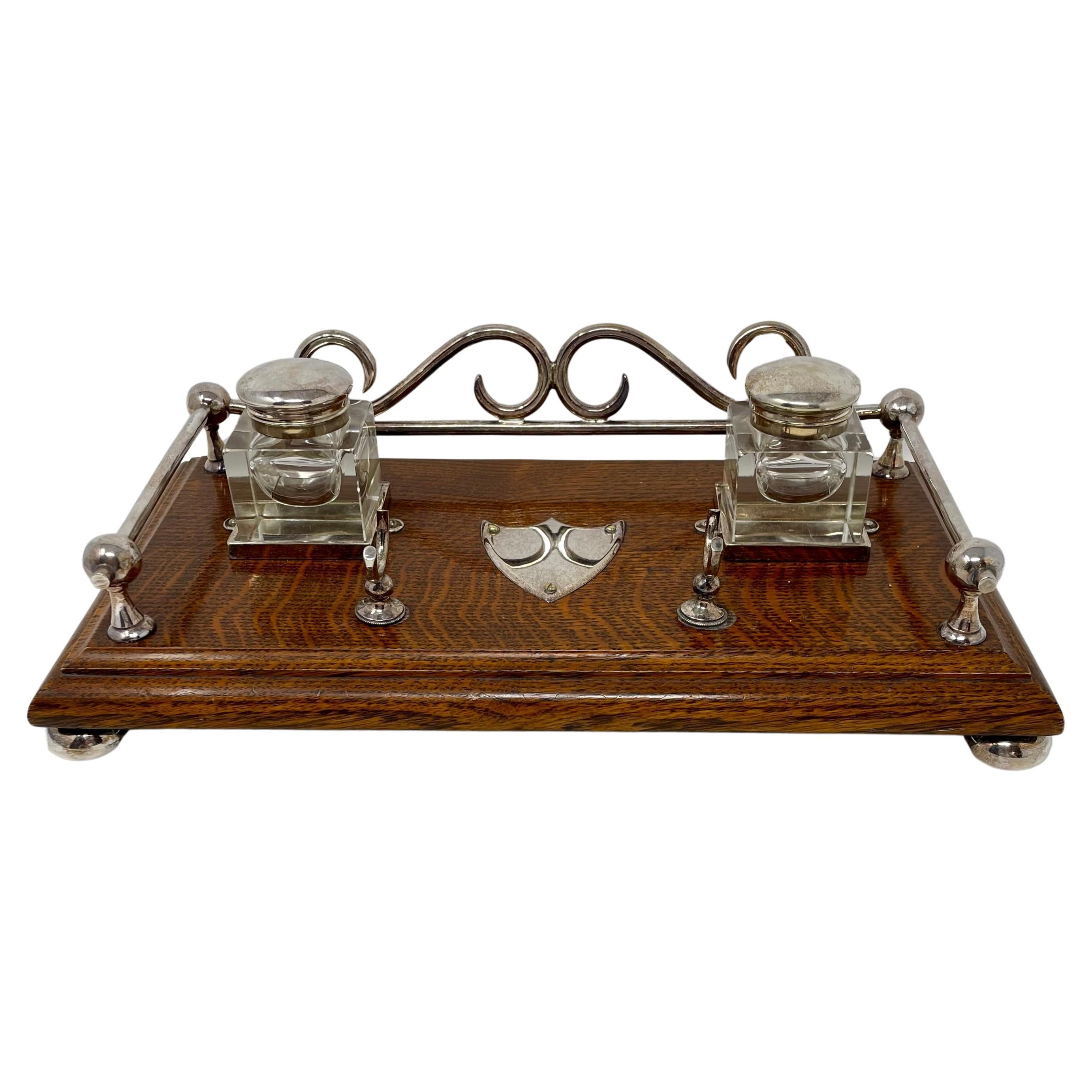 19th Century Antique English Oak and Silver-Plated Inkwell, Circa 1890's. For Sale