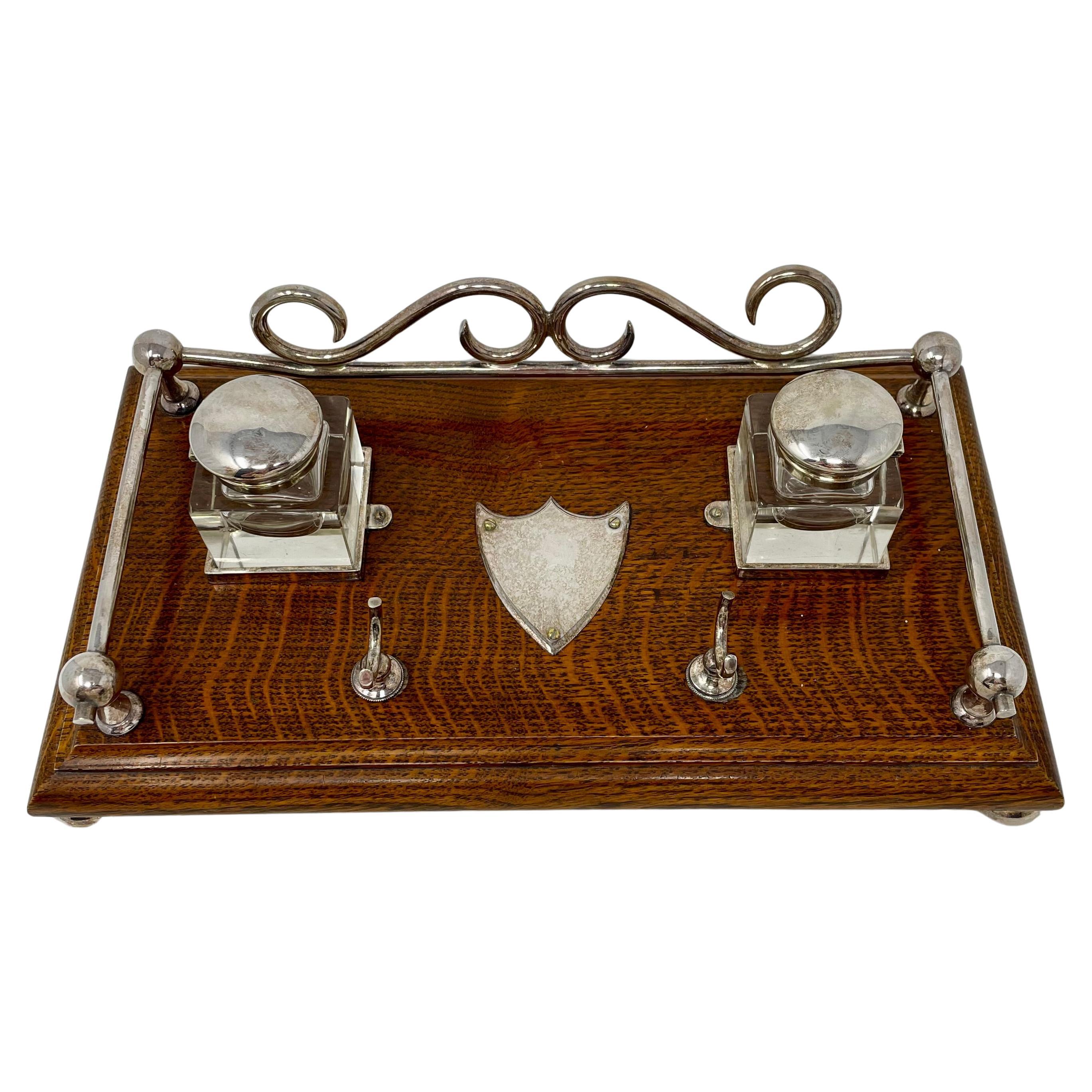 Silver Plate Antique English Oak and Silver-Plated Inkwell, Circa 1890's. For Sale