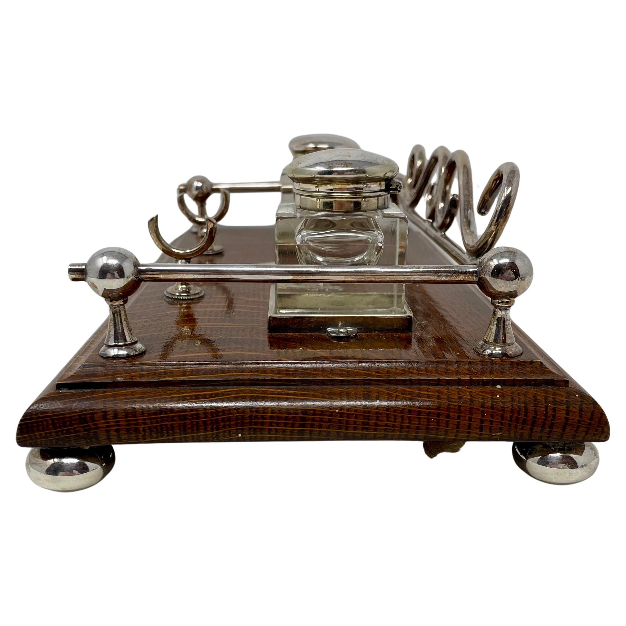 Antique English Oak and Silver-Plated Inkwell, Circa 1890's. For Sale 1
