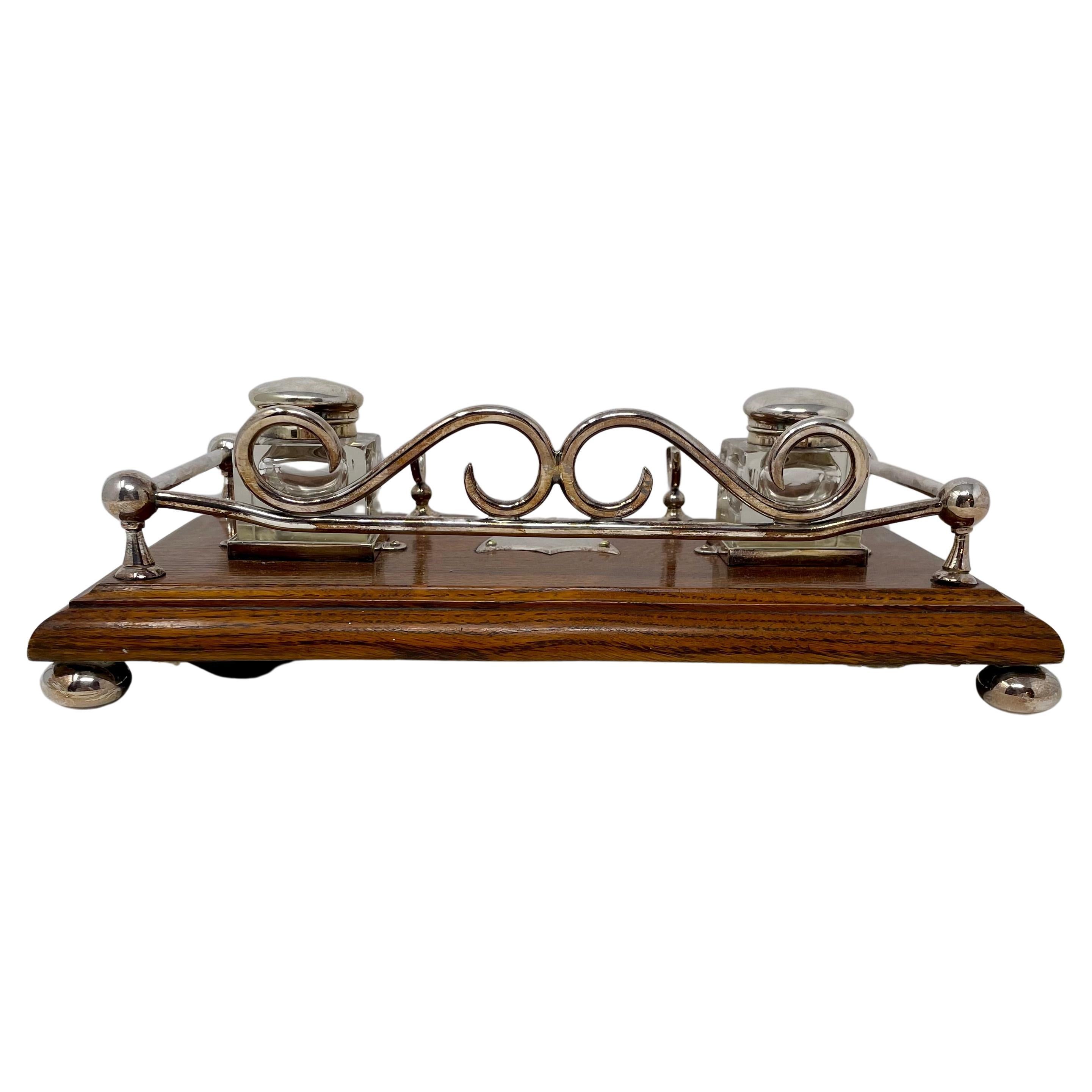 Antique English Oak and Silver-Plated Inkwell, Circa 1890's. For Sale 2