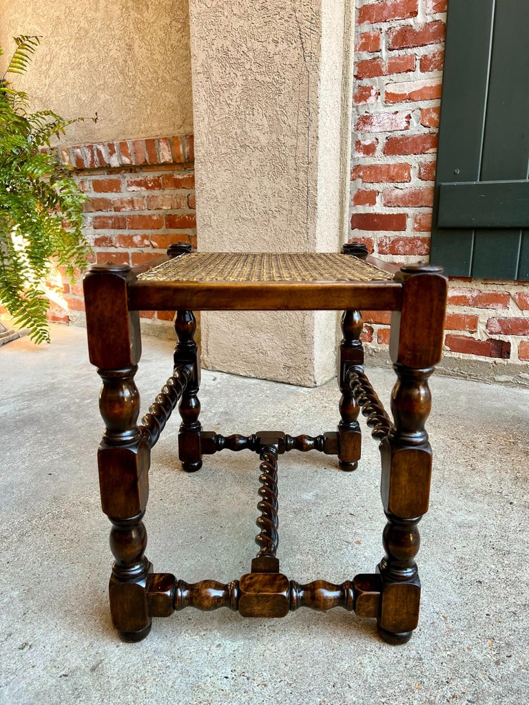 Antique English Oak Barley Twist Bench Stool Jacobean w Cane Top For Sale at 1stDibs