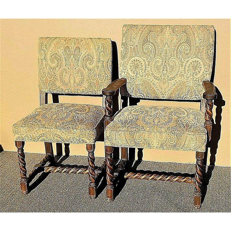 Carved Antique English Oak Barley Twist Dining Chairs For Sale