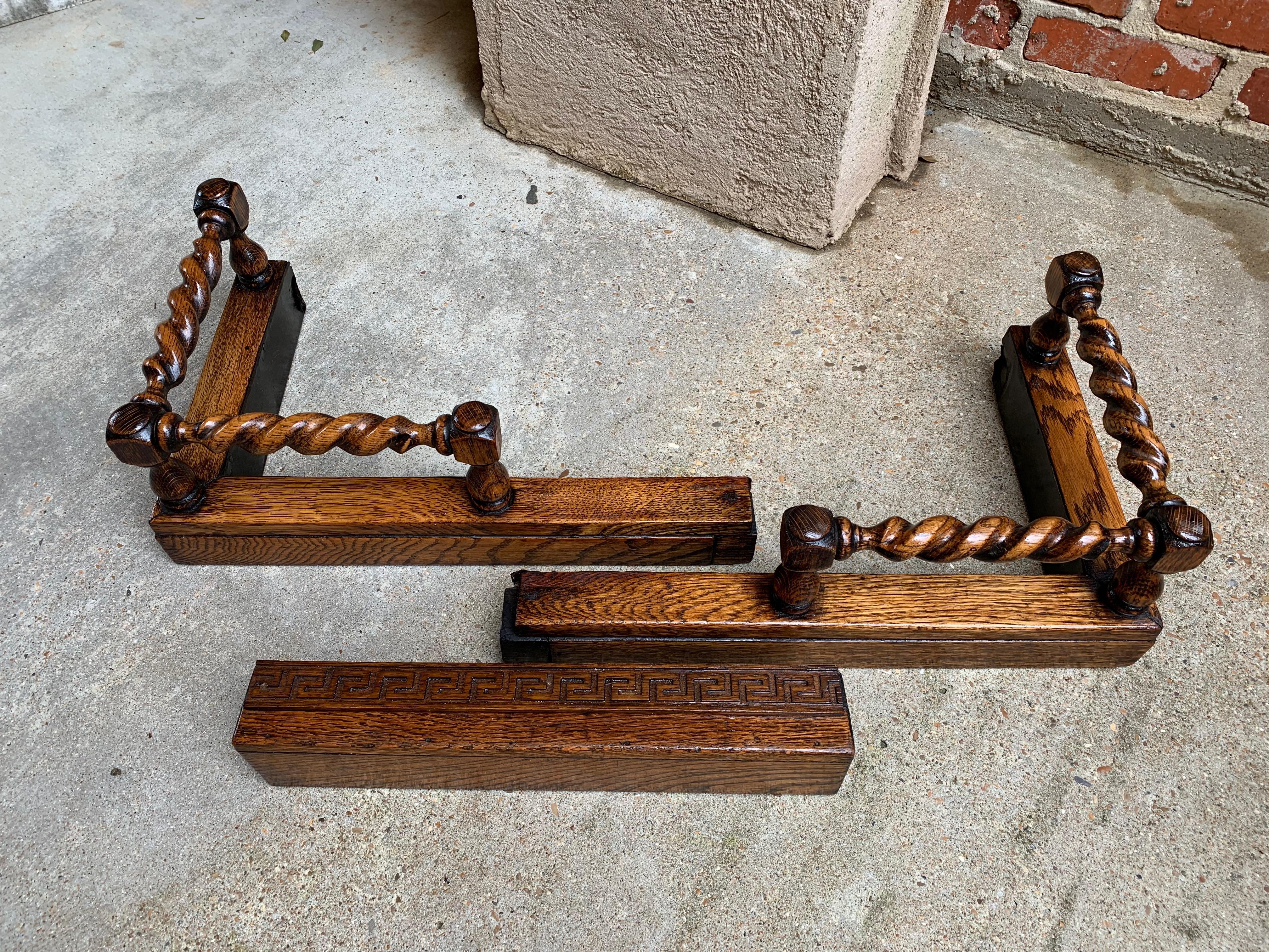 Antique English Oak Barley Twist Hearth Fireplace Fender Jacobean Greek Key 10