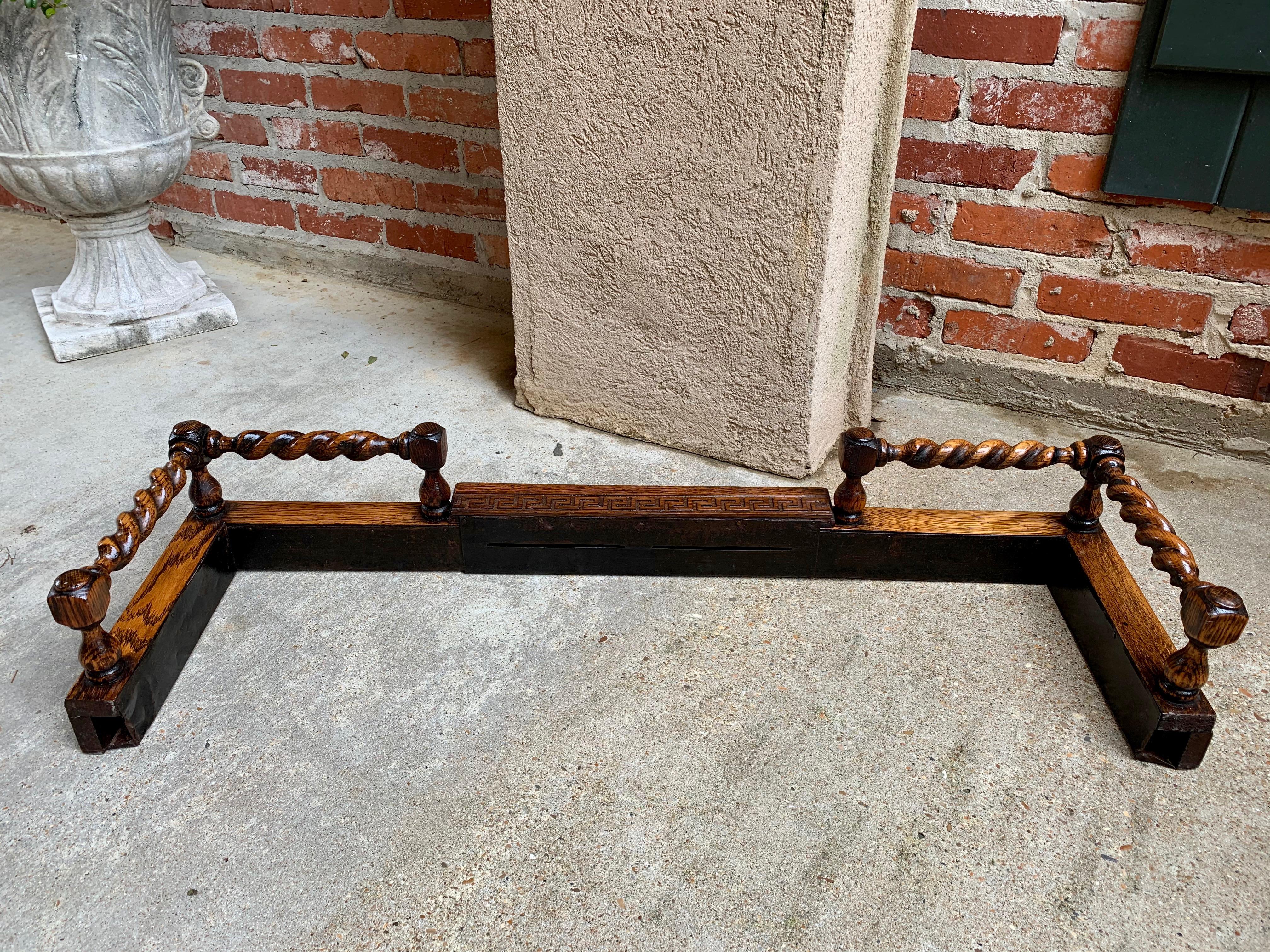 Antique English Oak Barley Twist Hearth Fireplace Fender Jacobean Greek Key 11