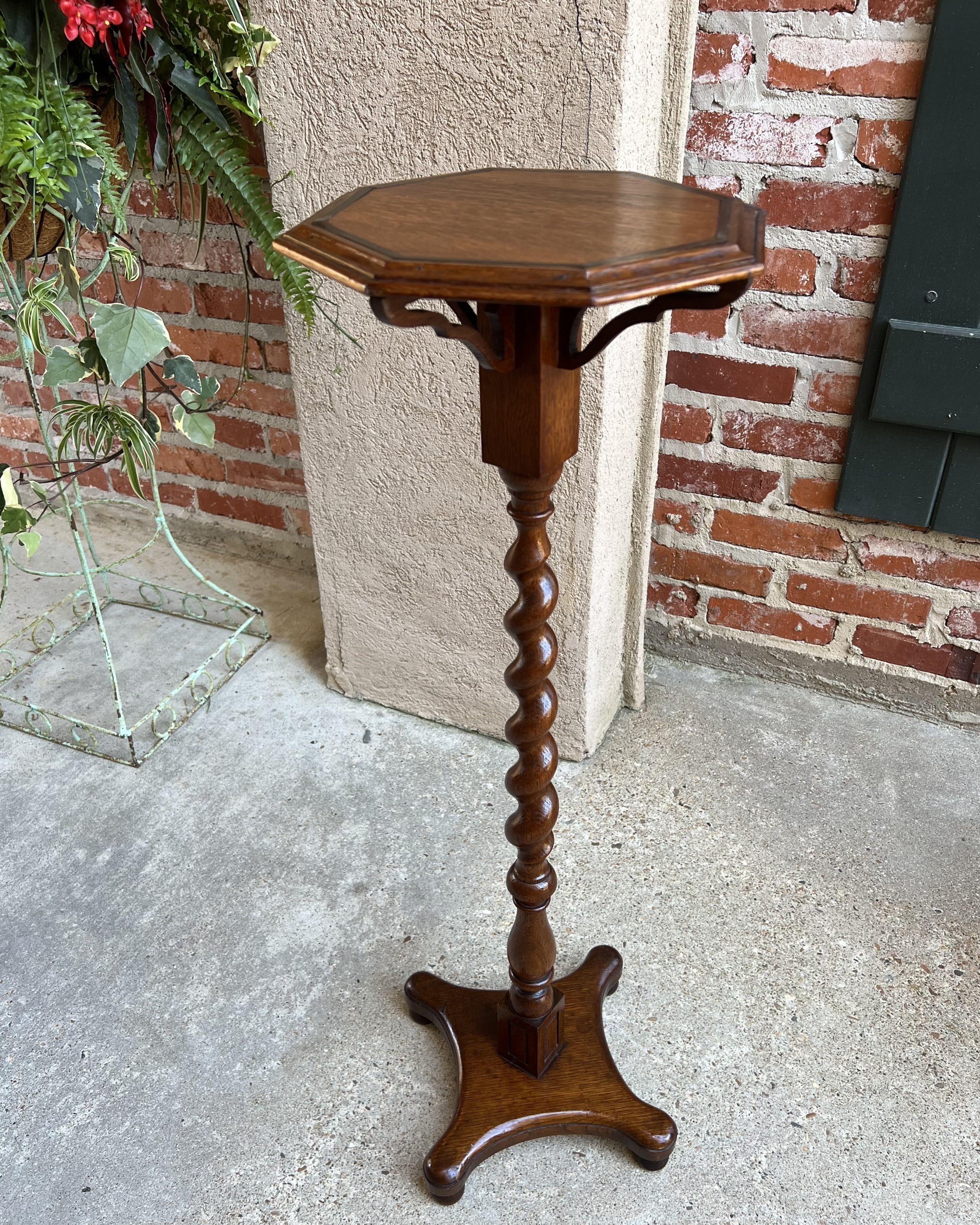 Antique English Oak Barley Twist Pedestal Plant Bronze Display Stand Table 9