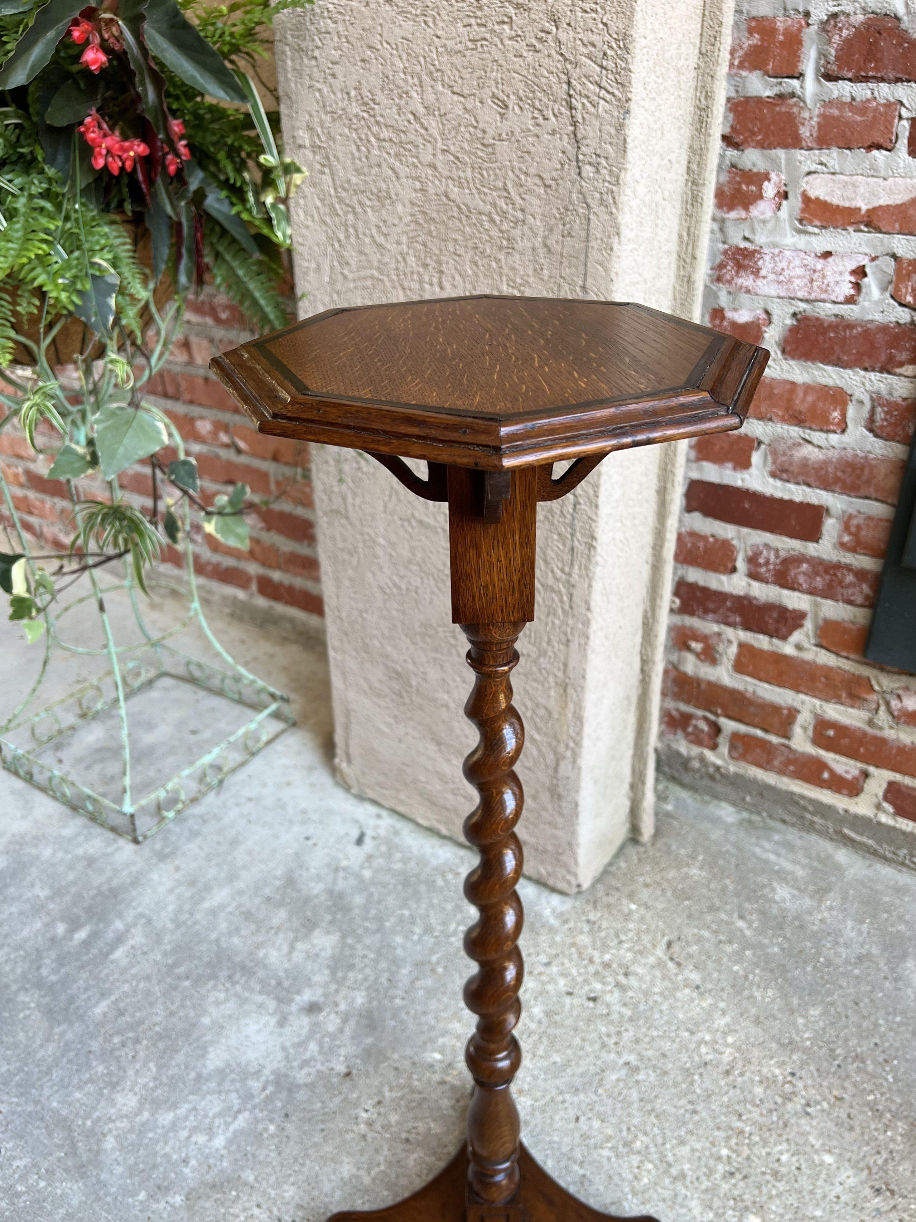 Antique English Oak Barley Twist Pedestal Plant Bronze Display Stand Table 10