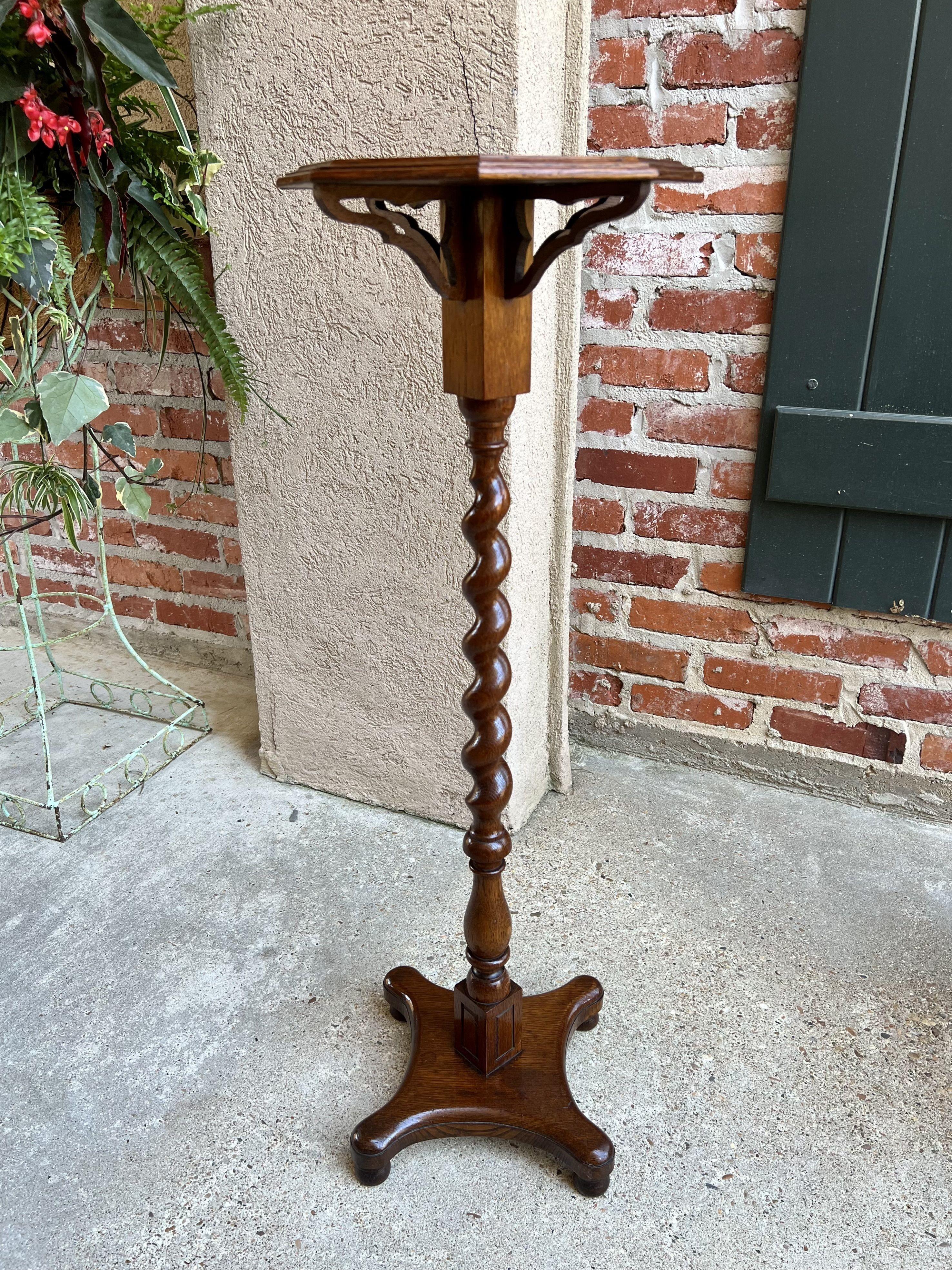 Arts and Crafts Antique English Oak Barley Twist Pedestal Plant Bronze Display Stand Table