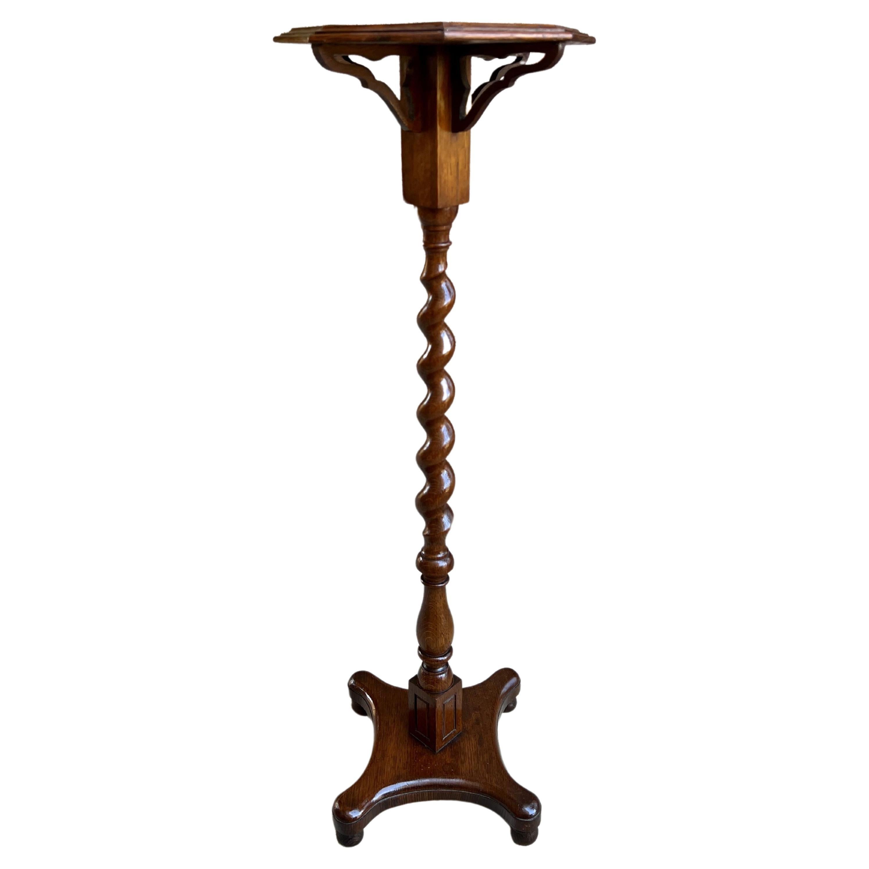 Antique English Oak Barley Twist Pedestal Plant Bronze Display Stand Table