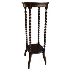 Antique English Oak Barley Twist Plant Bronze Display Stand Round Table Jacobean