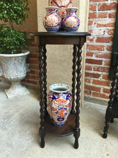 Antique English Oak Barley Twist Round Plant Stand Display Two-Tier Table
